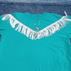 Women's Teal Short Sleeve Top with White Fringe and Concho Detail